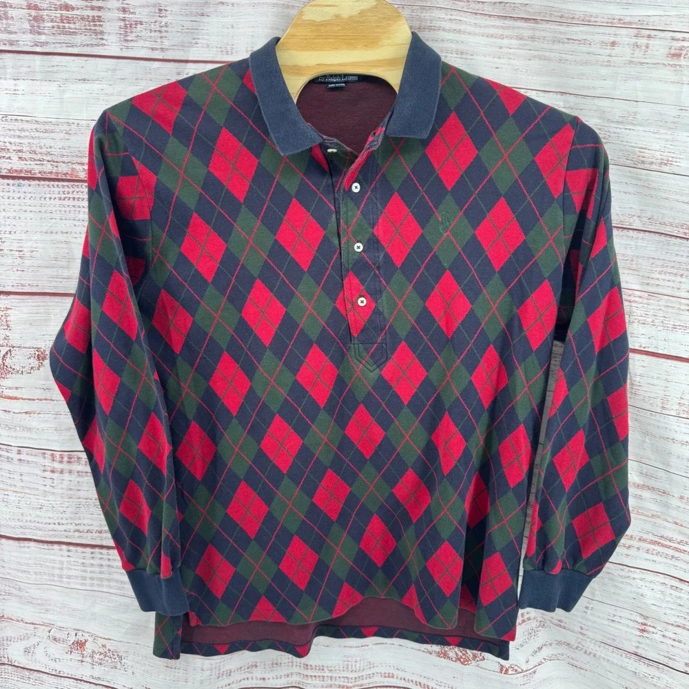 Polo Ralph Lauren Polo Shirt Mens XL Argyle Long‎ Sleeve Mde USA
